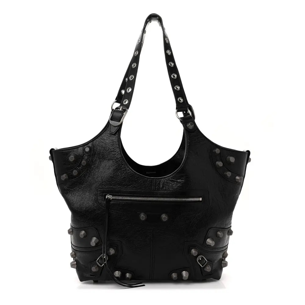 Balenciaga Medium Le Cagole Carry All Bag Black Agneau Arena Leather Silver Hardware