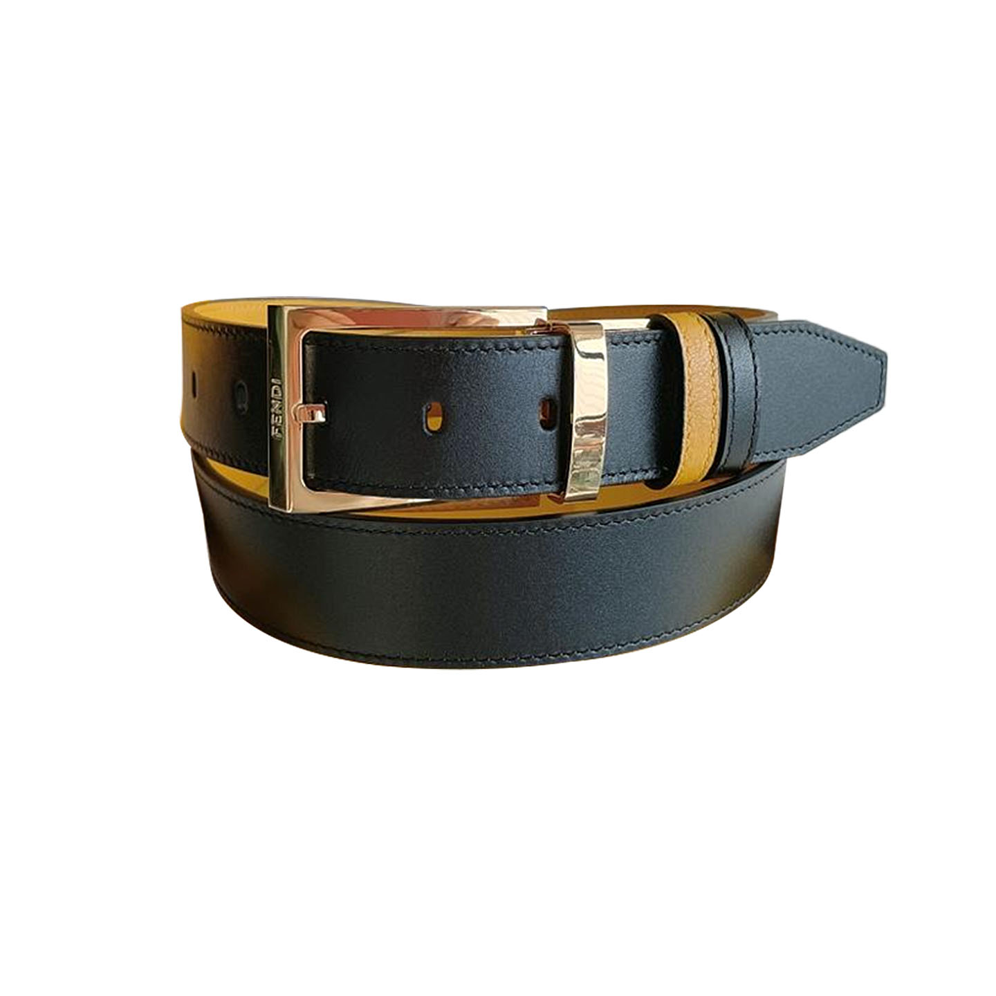 Fendi Men's FF Monster Eyes Reversible Belt In Black/Yellow/Red Smooth Calfskin With Gold Hardware 35mm