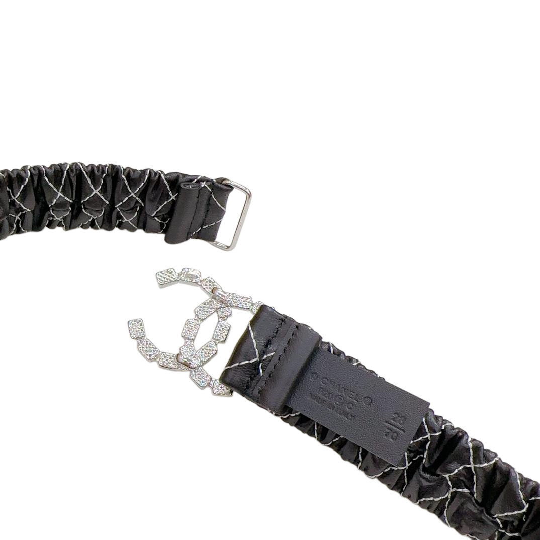 Chanel Women's CC Crystal Buckle Elastic Belt In Black/White Diamond Stitching Calfskin With Silver Hardware 30mm
