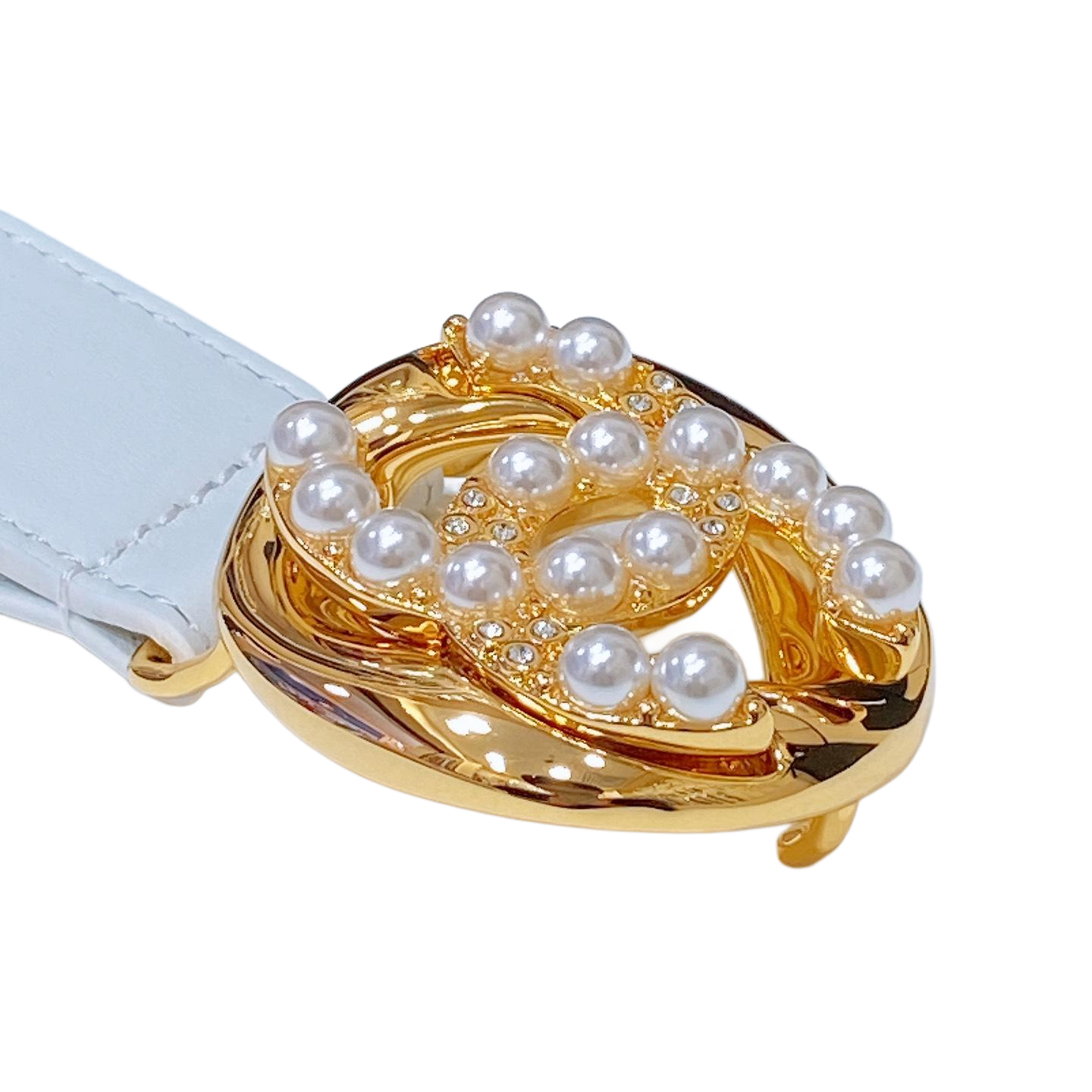 Chanel Women's Pearls CC Belt In Blue/Black/White Lambskin With Gold/Silver Hardware