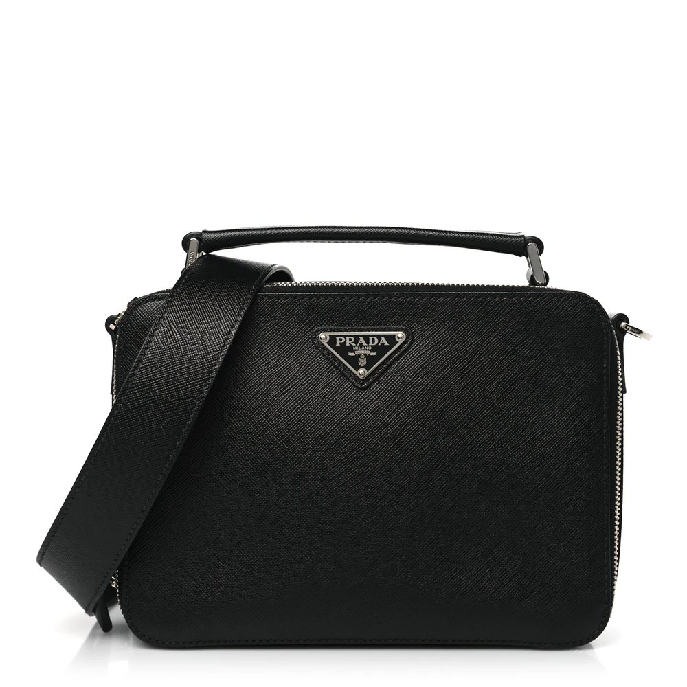Prada Medium Travel Brique Crossbody Bag Black Saffiano Leather Silver Hardware