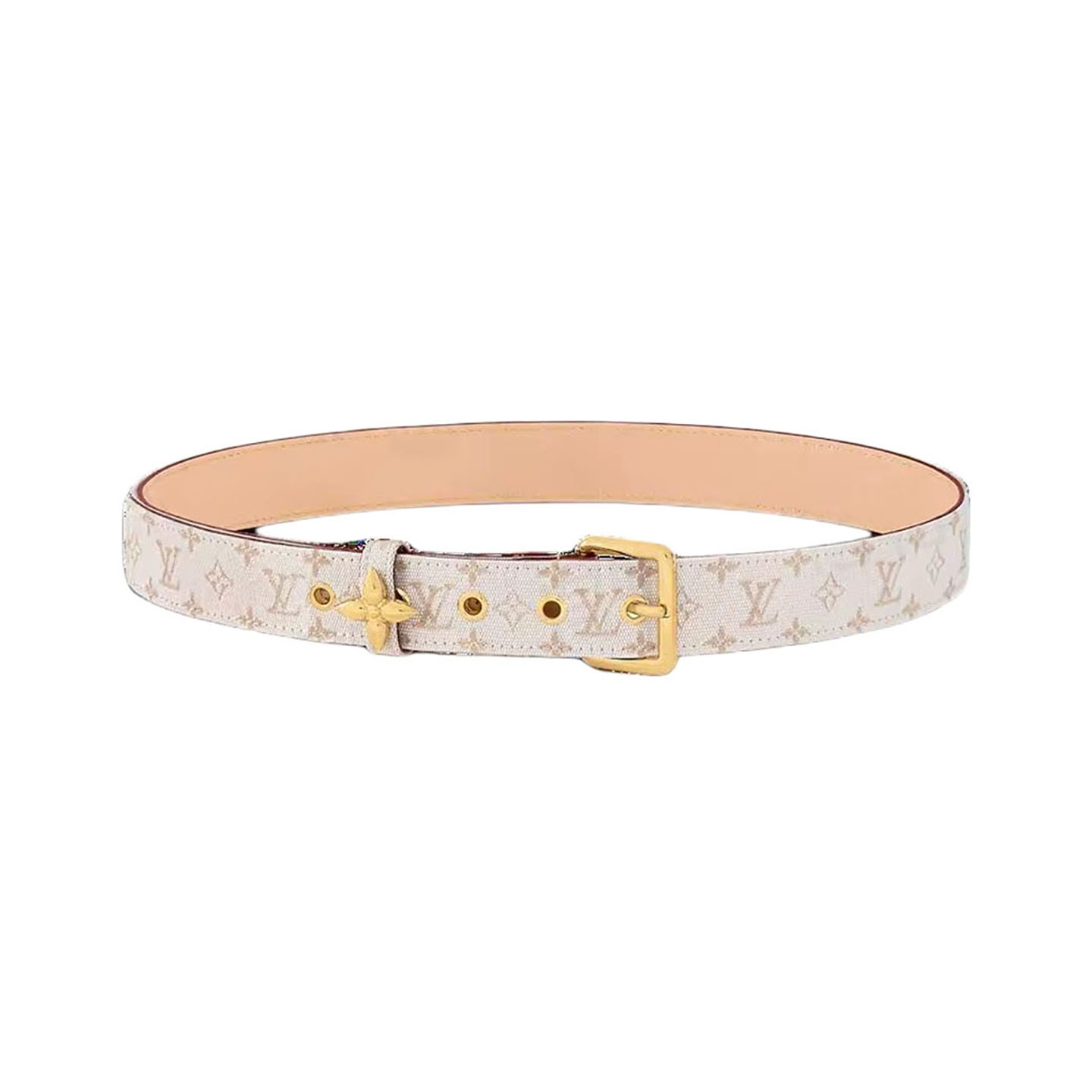 Louis Vuitton Women's Flowergram Ardillon Belt In White/Blue Monogram Canvas With Gold Hardware 30mm