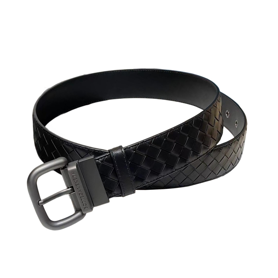 Bottega Veneta Men's Square Buckle Intrecciato Belt In Black/Coffee/Blue/Dark Grey Calfskin With Gun Black Hardware 40mm