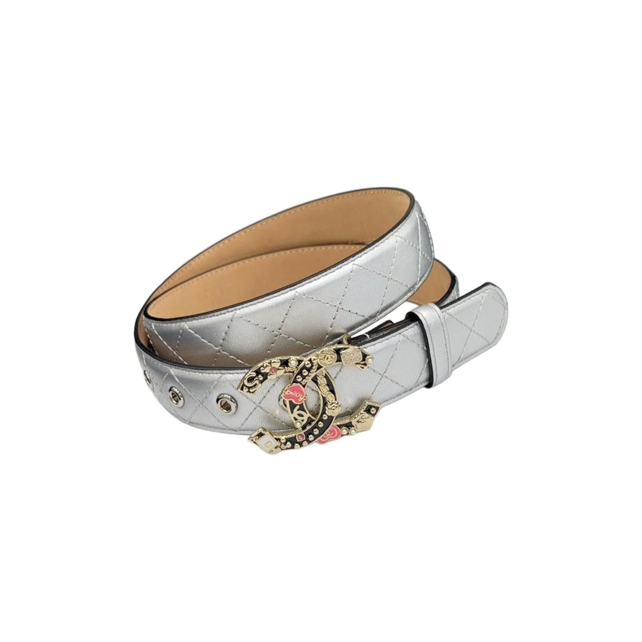 Chanel Women's Decorative CC Buckle Belt In Silver/Purple Diamond Stitching Calfskin With Gold/Silver Hardware 30mm