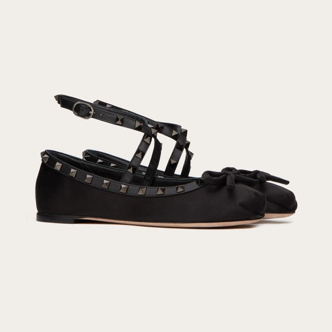 VALENTINO Rivet satin black ballet flats shoes