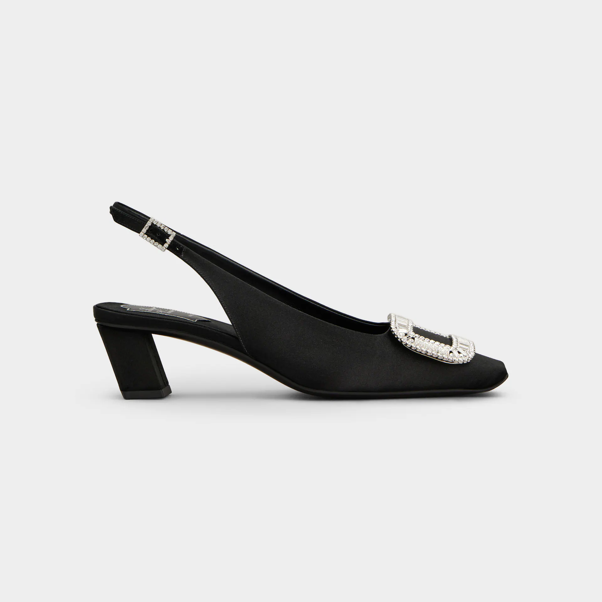 Roger Vivier Belle Viver Slingback Pumps High Heels In Black Satin With Crystal Buckle (Heel Height 4.5cm)