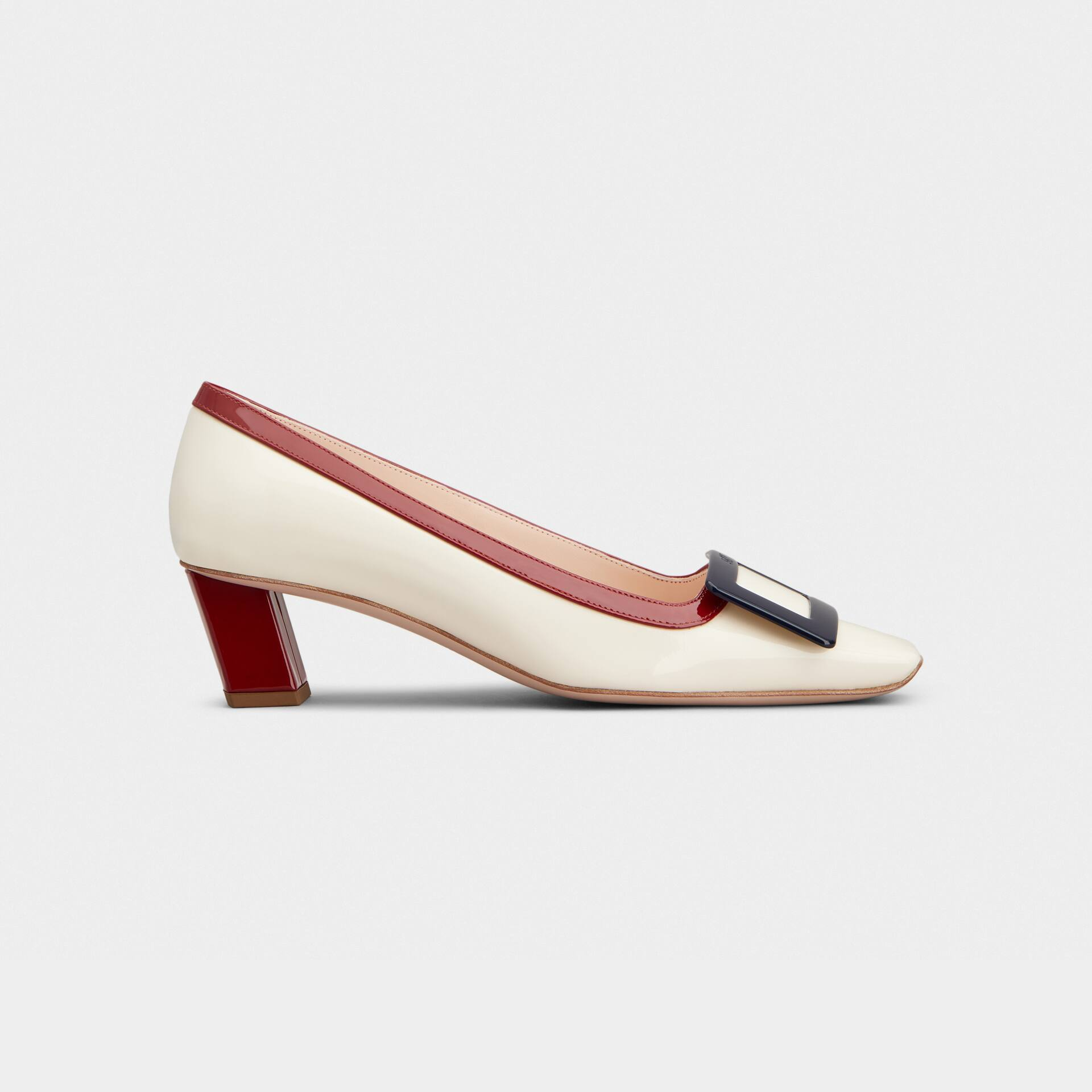 Roger Vivier Belle Vivier Pumps High Heels In White/Red Leather With Lacquered Metal Buckle (Heel Height 4.5cm)
