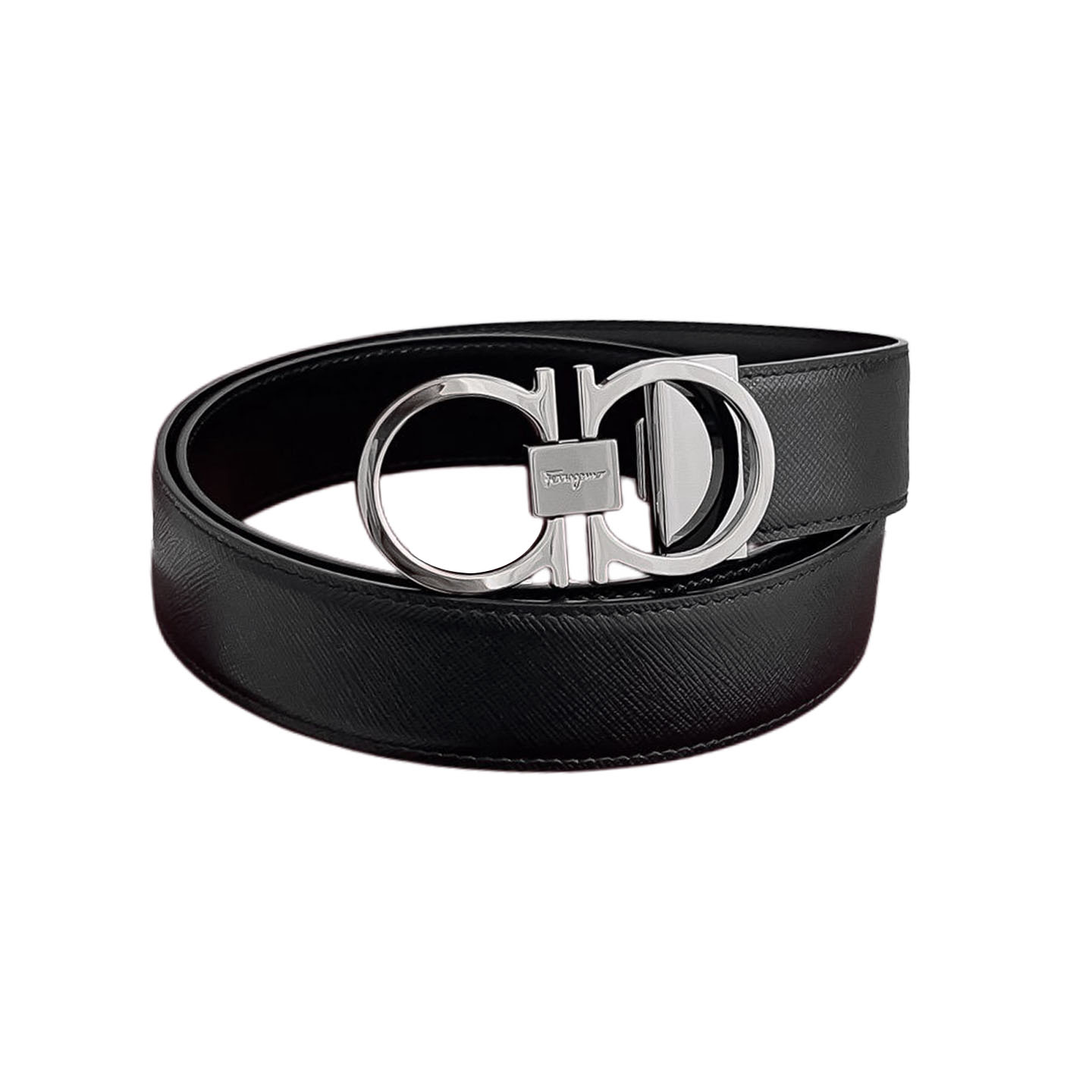 Ferragamo Men's Thin Double Gancini Buckle Reversible Belt In Black Saffiano Calfskin With Gold/Silver Hardware 35mm
