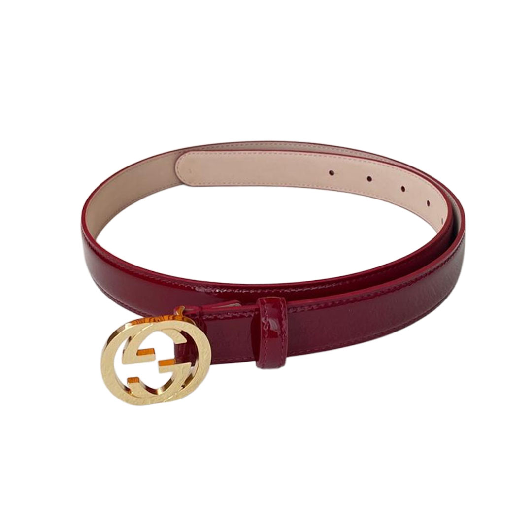 Gucci Women's GG Buckle Belt In Red/White/Black Patent Calfskin With Gold/Silver Hardware 25mm