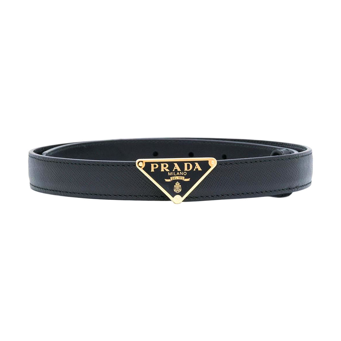 Prada Women' s Triangled Buckle Belt In Black Calfskin With Gold/Silver Hardware 30mm