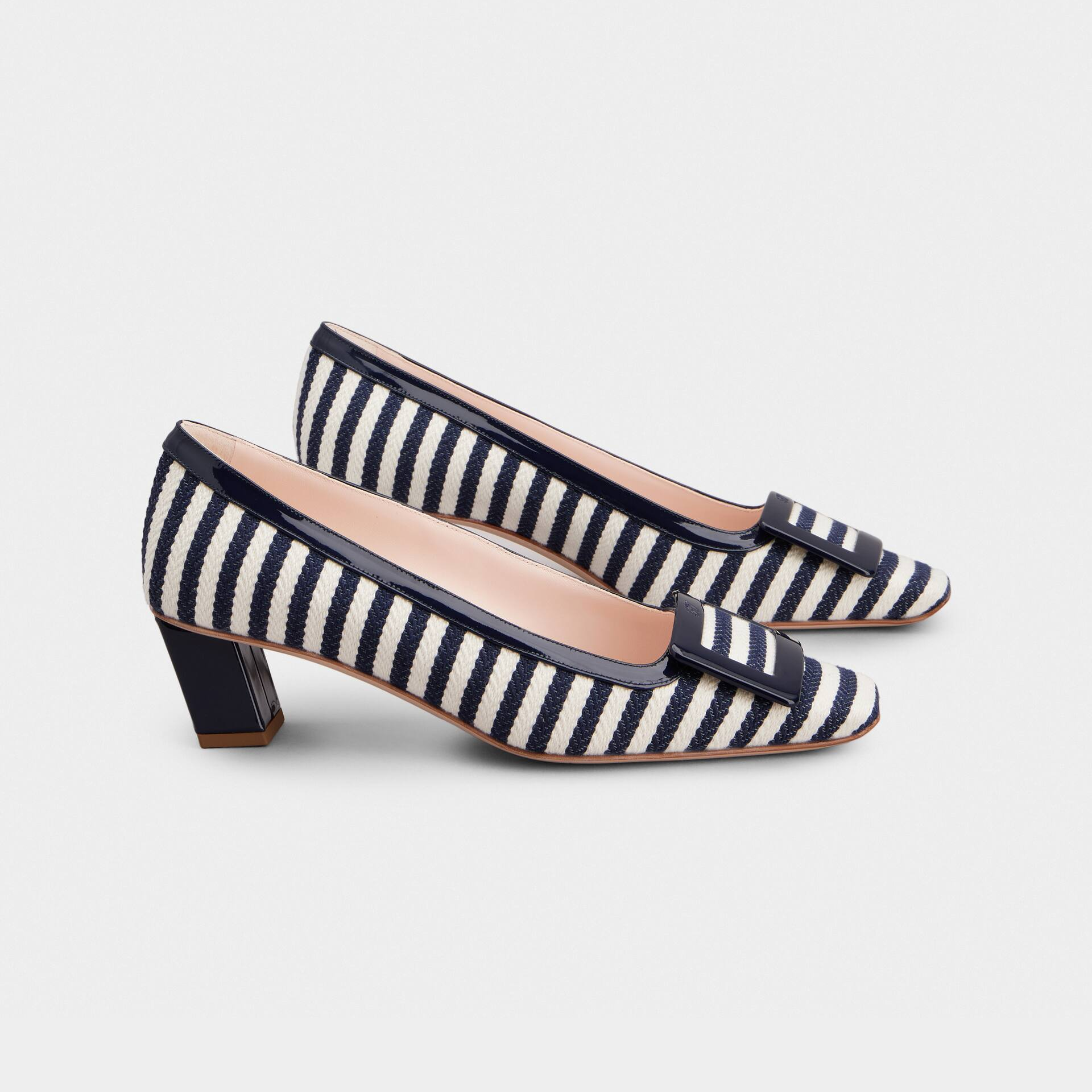 Roger Vivier Belle Vivier Pumps High Heels In Navy Blue/White Canvas With Lacquered Metal Buckle (Heel Height 4.5cm)