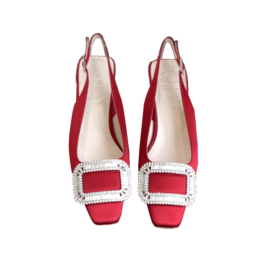 Roger Vivier Belle Viver Slingback Pumps High Heels In Red/Beige Satin With Crystal Buckle (Heel Height 4.5cm)