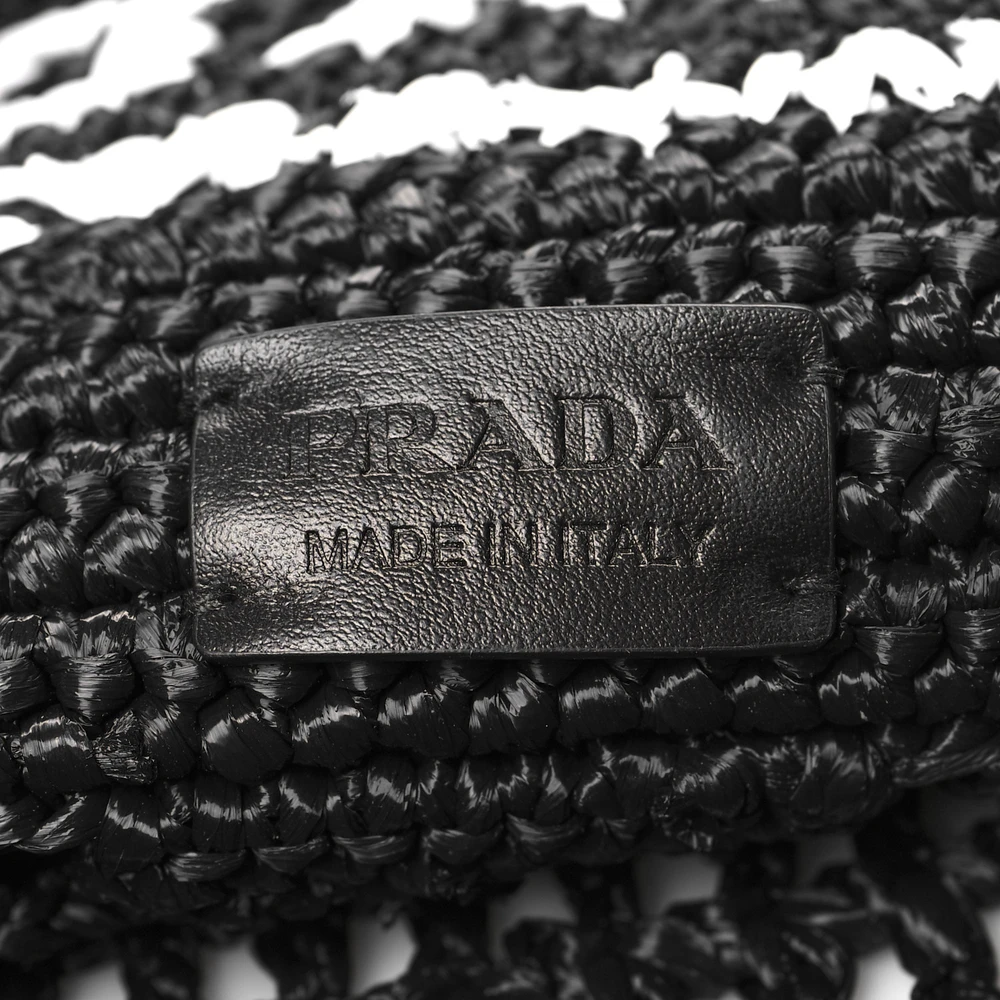 Prada Large Effect Logo Embroidered Shopping Crochet Tote Bag Black Yarn Raffia