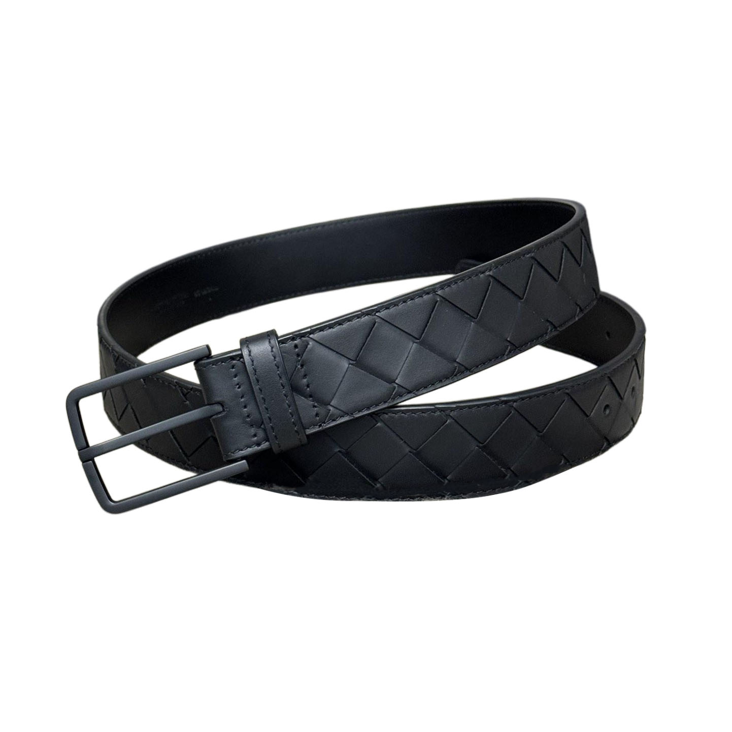 Bottega Veneta Men's Square Buckle Intrecciato Belt In Black/Coffee/Blue/Grey Calfskin With Black Hardware 35mm