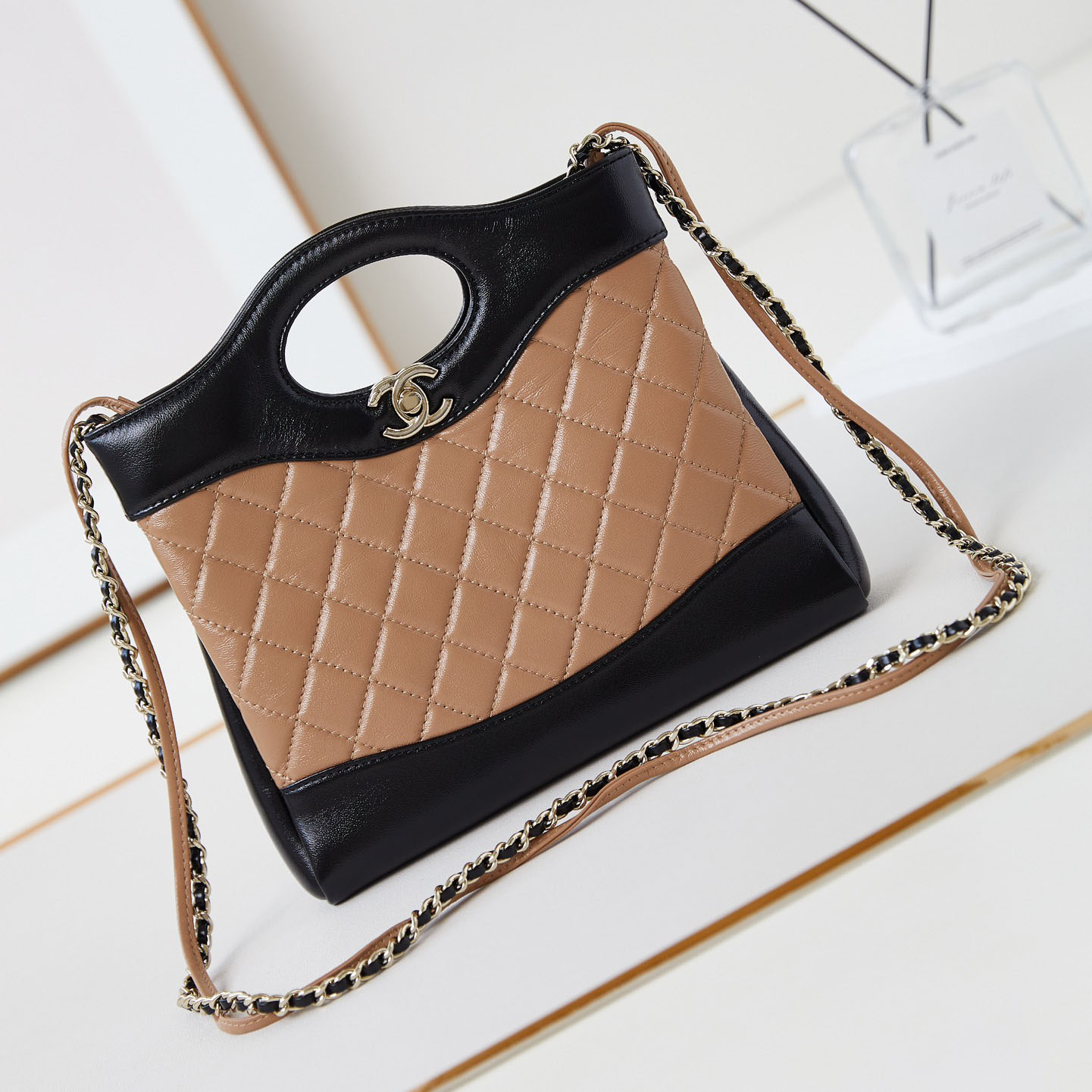 Chanel Quilted Lambskin Leather Black and Milk tea color Crossbody Bags