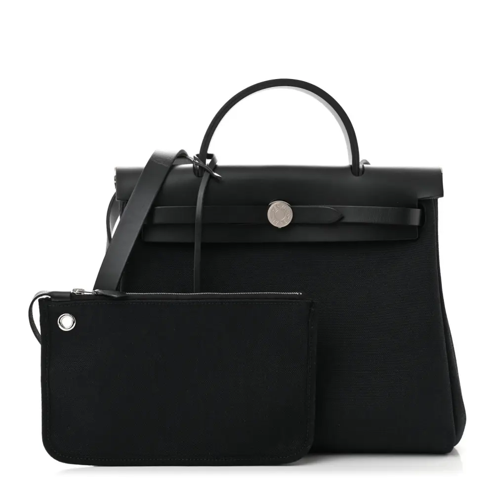 Hermès Herbag Zip PM 31 Black Military Toile & Vache Hunter Leather Palladium Silver Hardware