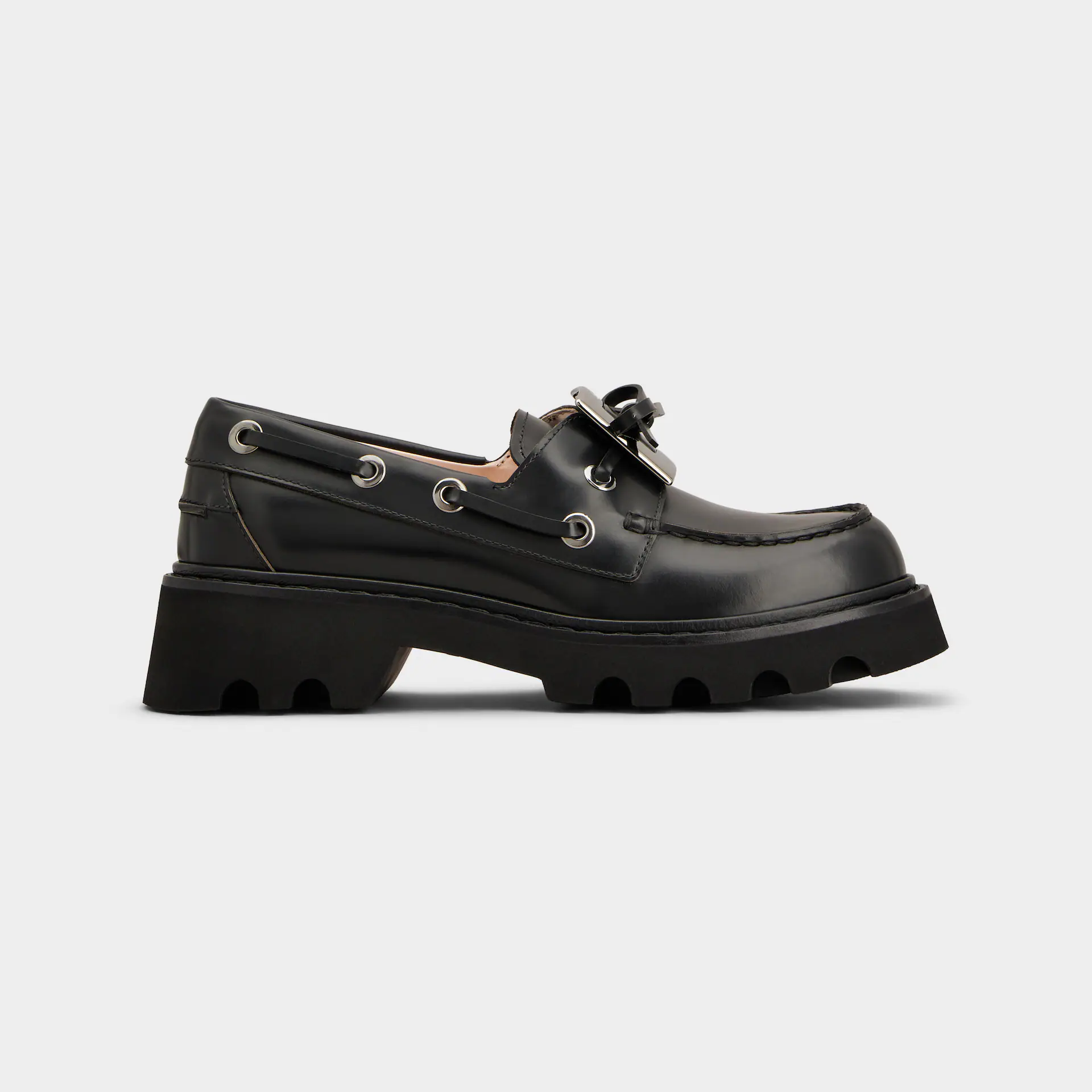 Roger Vivier Viv' Rangers Truck Boat Shoes Loafers In Black Leather With Metal Buckle (Heel Height 5cm)