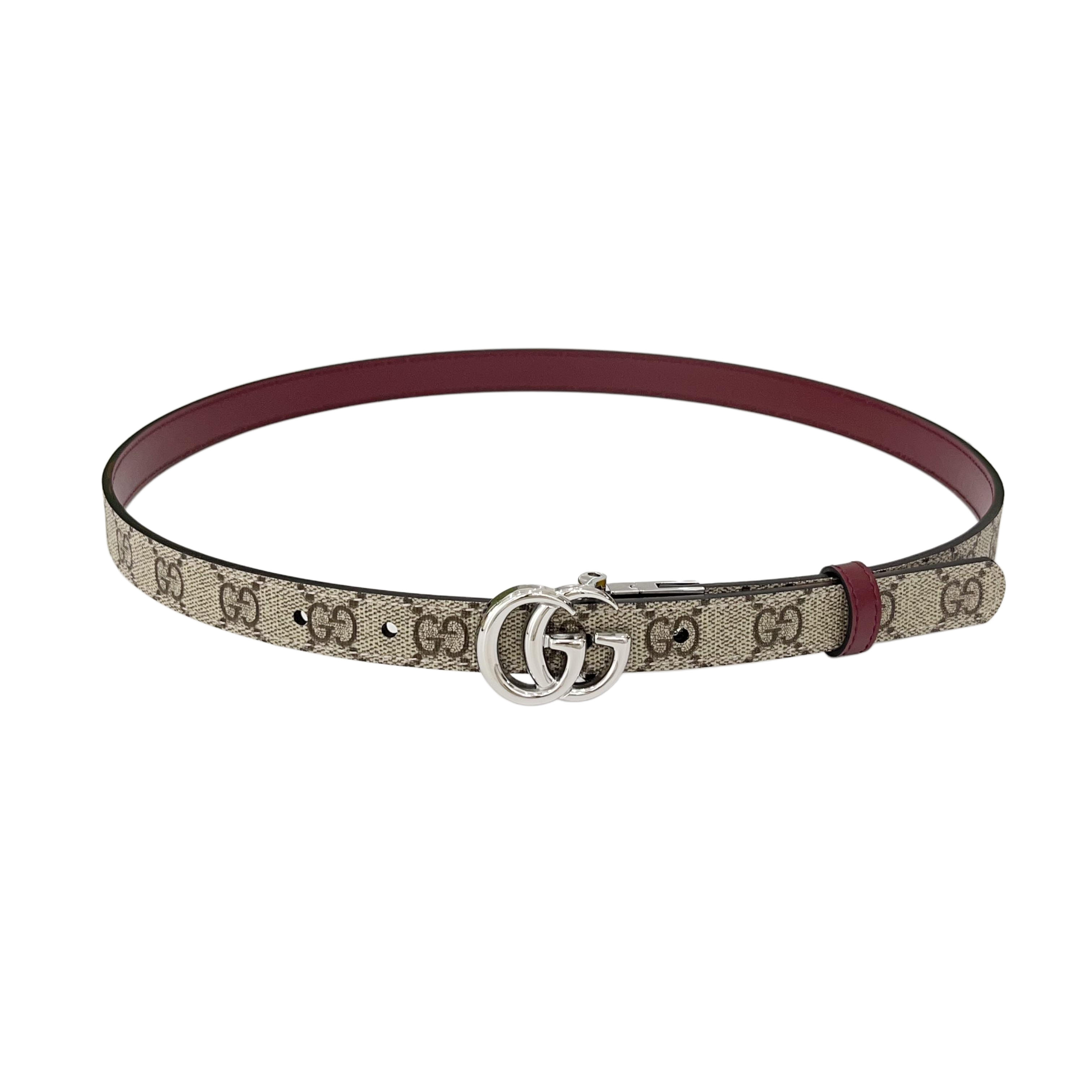 Gucci Women's GG Buckle Marmont Reversible Belt In Red Calfskin And Beige Canvas With Gold/Silver Hardware 20mm