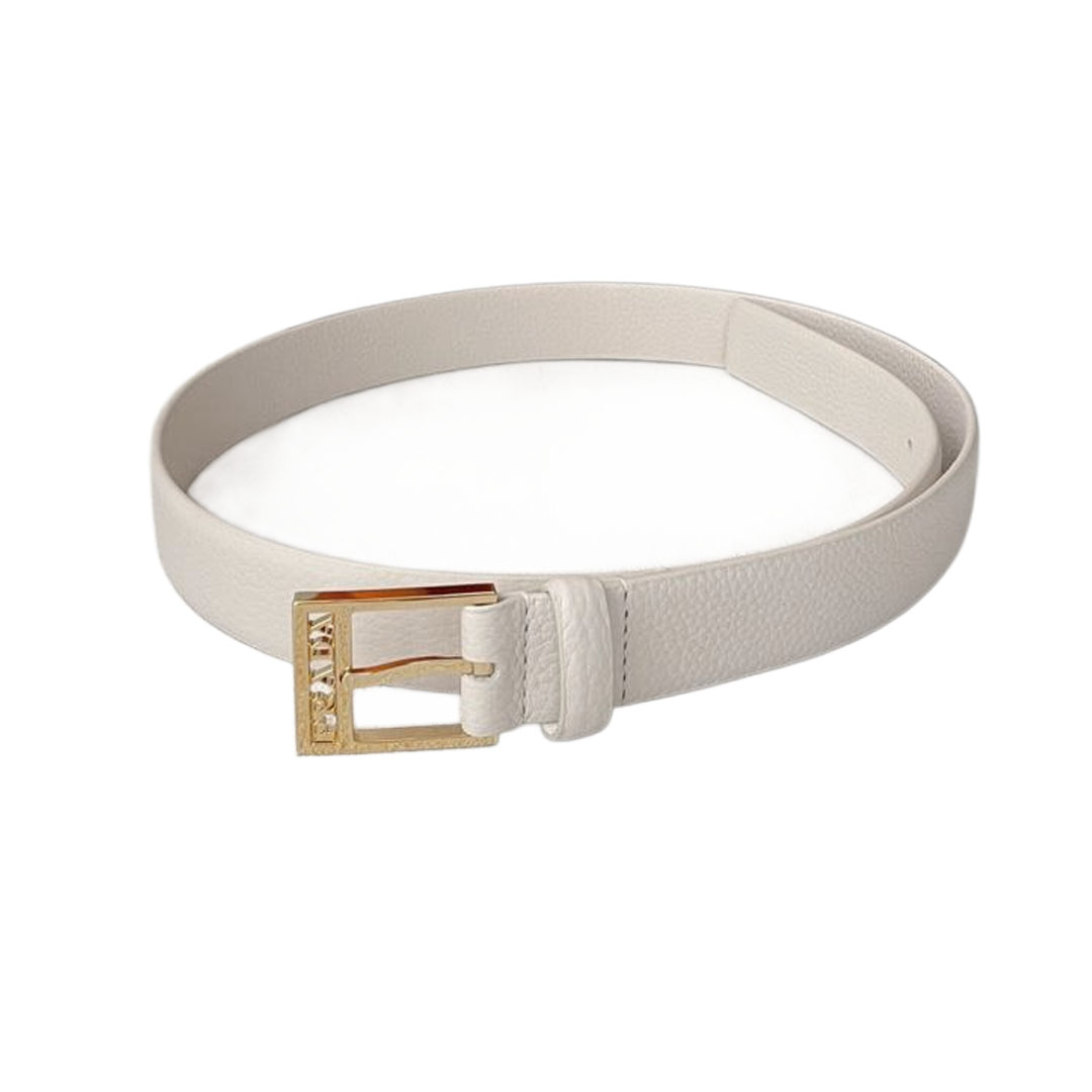 Prada Women' s Square Buckle Belt In Brown/Black/White Calfskin With Gold Hardware 25mm