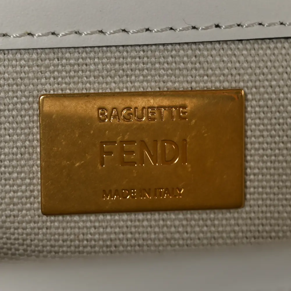 Fendi Extra Strap FF Embroidered Baguette White Ice Canvas & King Vitello Leather Gold Hardware
