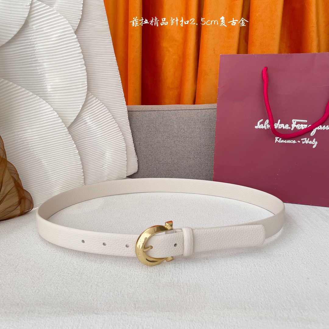 Ferragamo Women's Fixed Gancini Belt In White/Black/Brown Calfskin With Gold/Silver Hardware 25mm