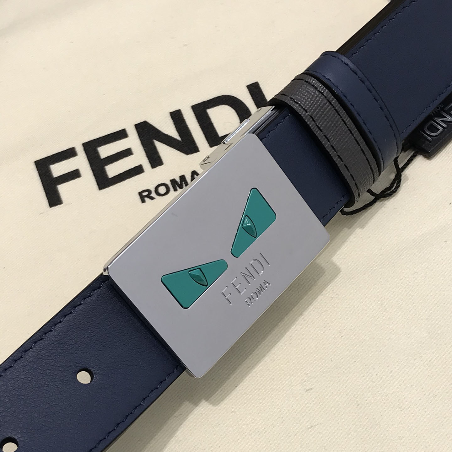 Fendi Men's FF Monster Eyes Belt In Blue/Black Saffiano Leather With Silver Hardware 35mm