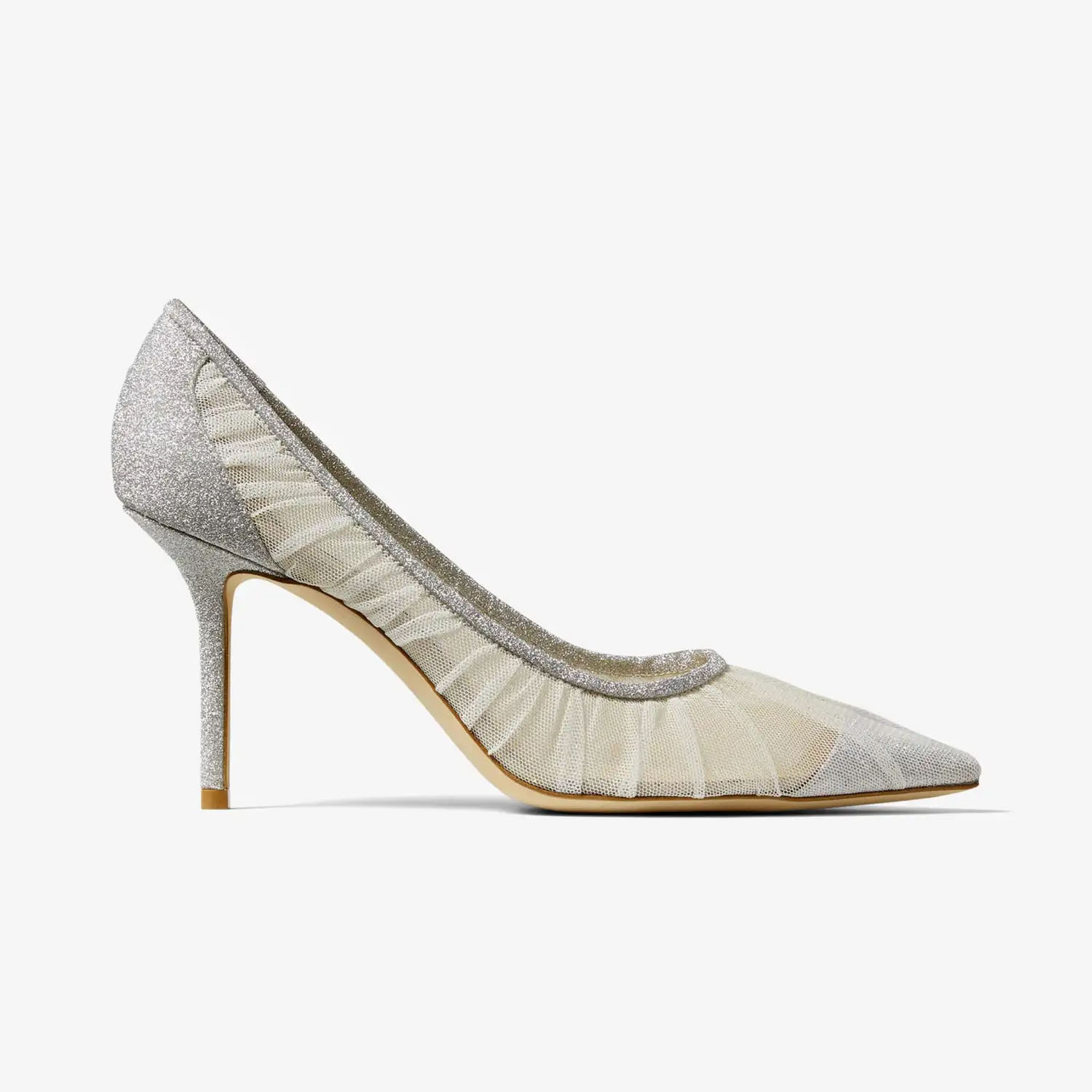 JIMMY CHOO Ivory white tulle cover metallic silver shimmer fabric heels