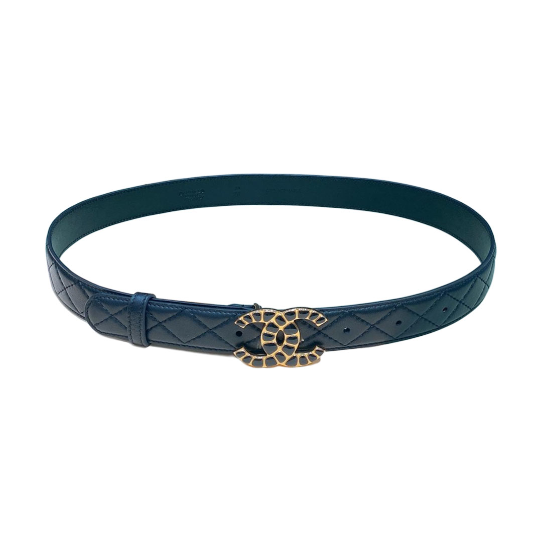 Chanel Women's CC Belt In Blue Diamond Stitching Calfskin With Gold Hardware 30mm