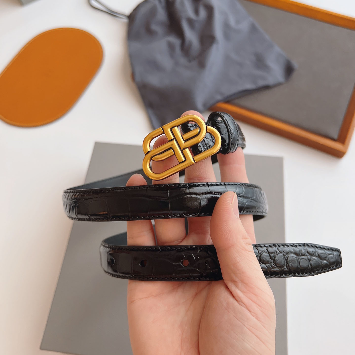 Balenciaga Women's BB Thin Belt In Black Crocodile Embossed Calfskin With Gold/Silver Hardware 20mm