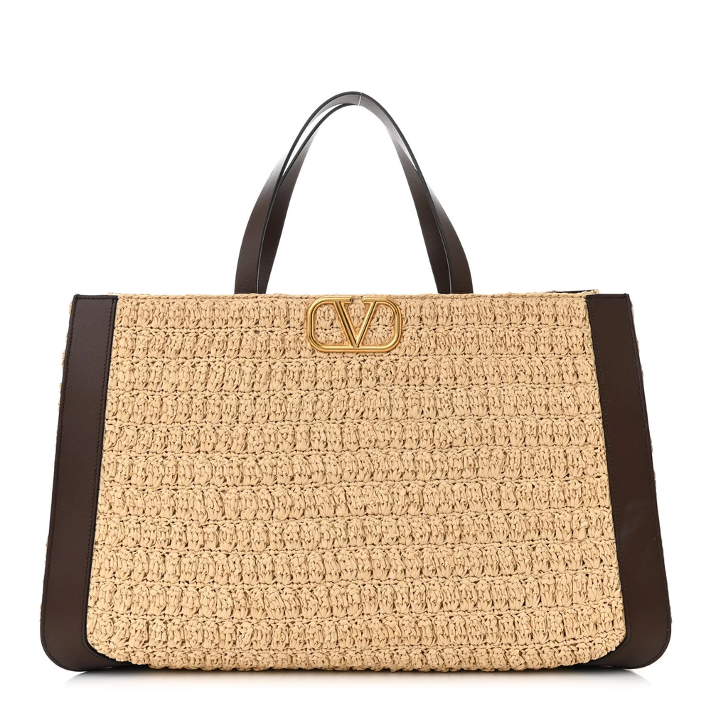Valentino Garavani Medium VLogo Tote Naturale/Fondant Raffia & Calfskin Leather Gold Hardware