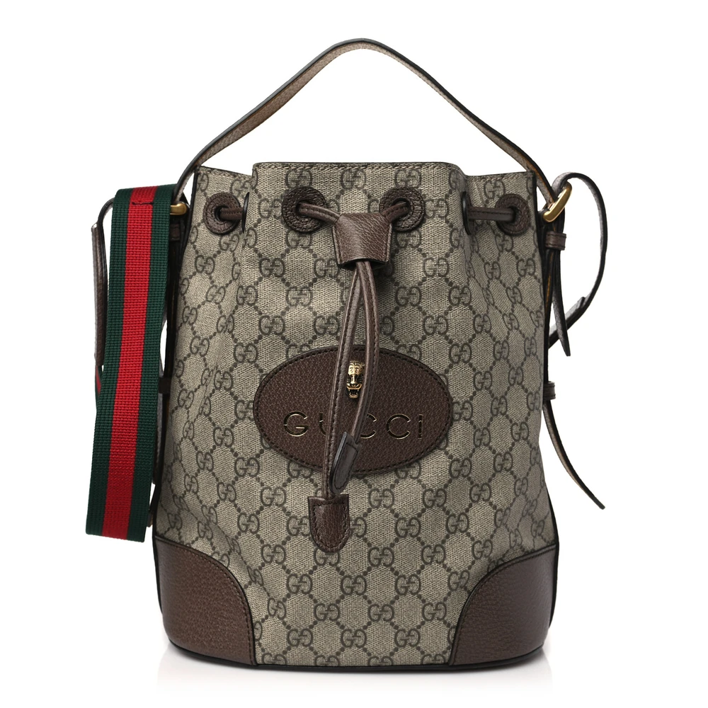 Gucci Medium Neo Vintage Drawstring Bucket Backpack New Acero Crop GG Supreme Monogram Canvas Gold Hardware