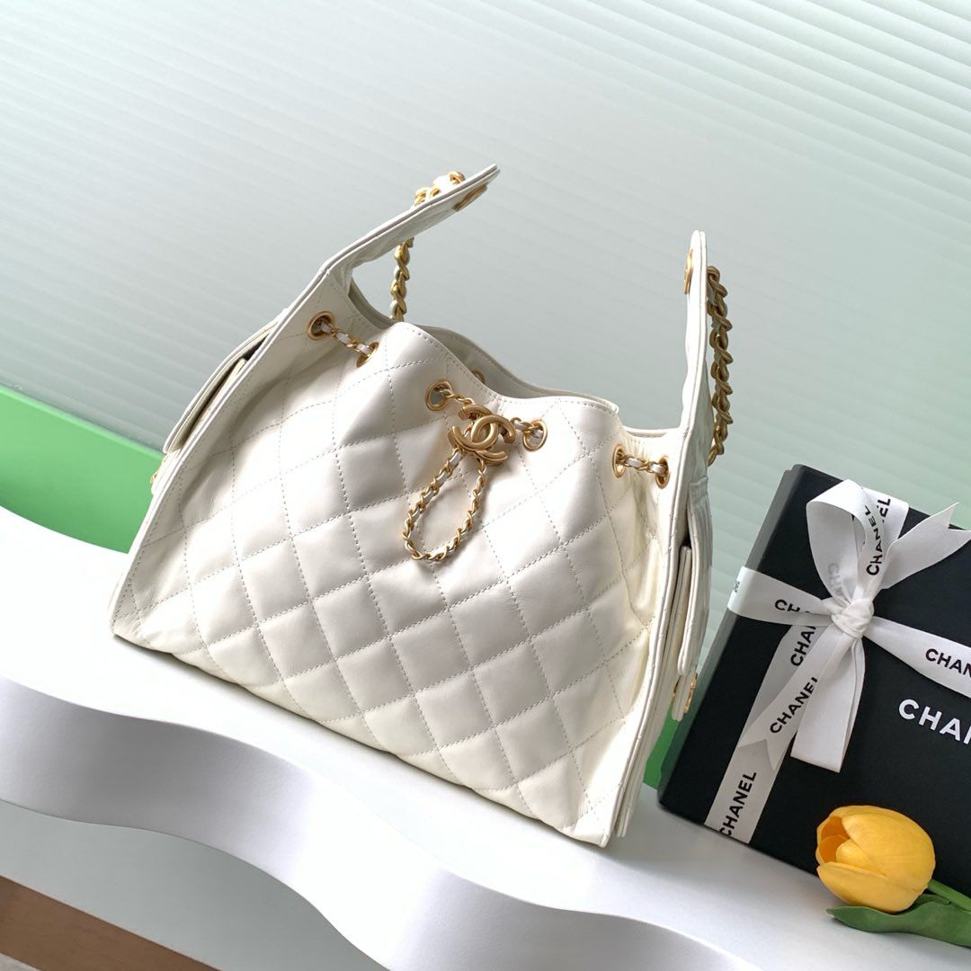 Chanel White Quilted Shiny Calfskin Leather  Shoulder Bags