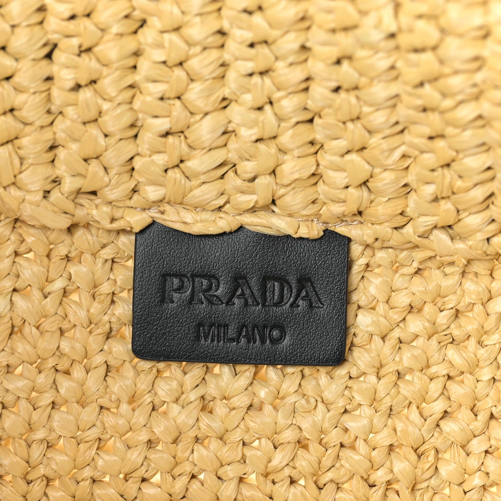 Prada Large Effect Crochet Embroidered Logo Tote Naturale Yarn Raffia