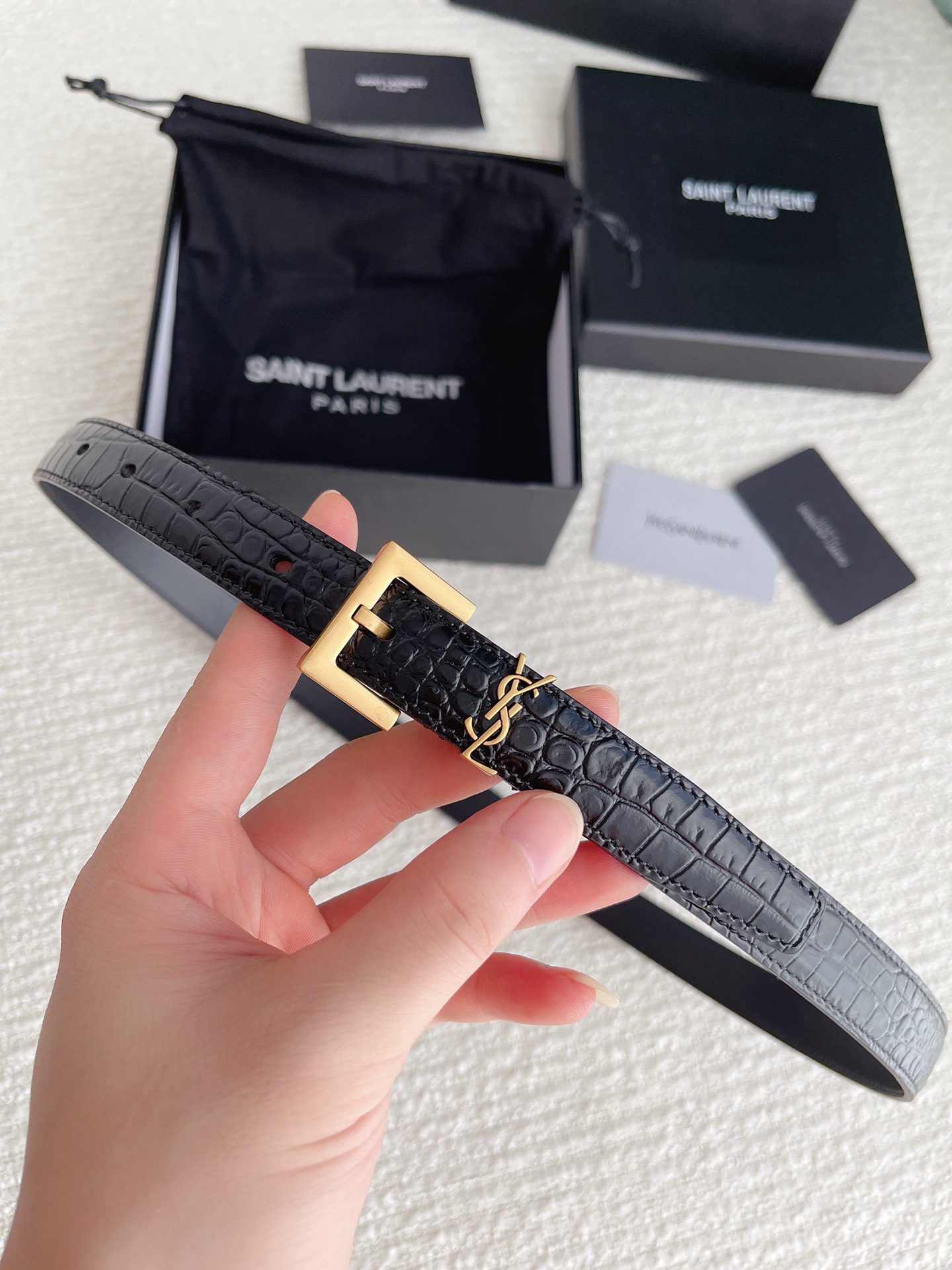 Saint Laurent Cassandre Belt In Black Crocodile-Embossed Calfskin With Gold/Silver/Black Hardware 20mm