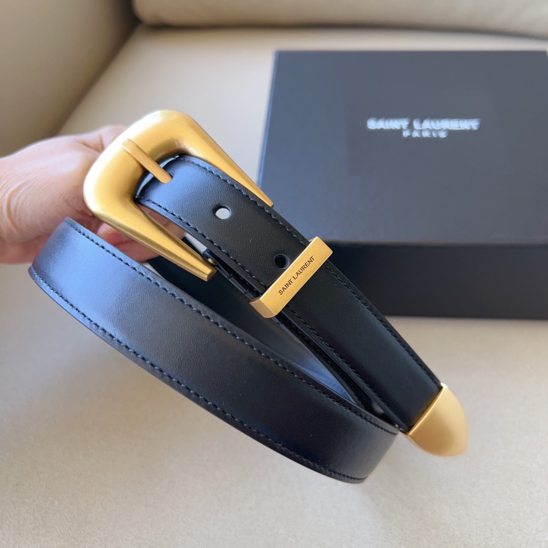 Saint Laurent Folk Buckle Belt In Black/White/Brown Smooth Leather With Gold/Silver Hardware 25mm