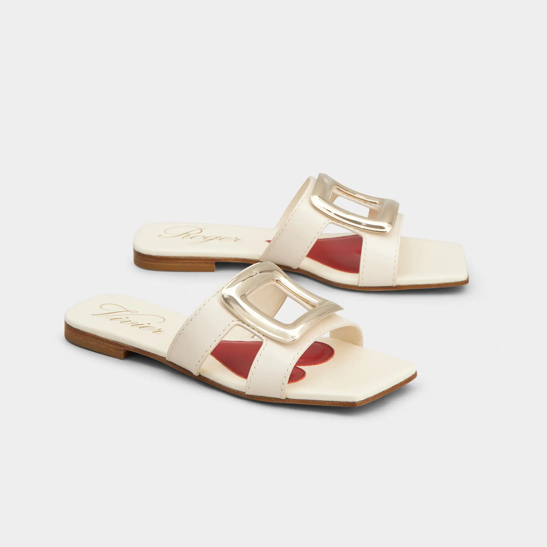 Roger Vivier Viv' By The Sea Mules Flats In White Leather With Metal Buckle