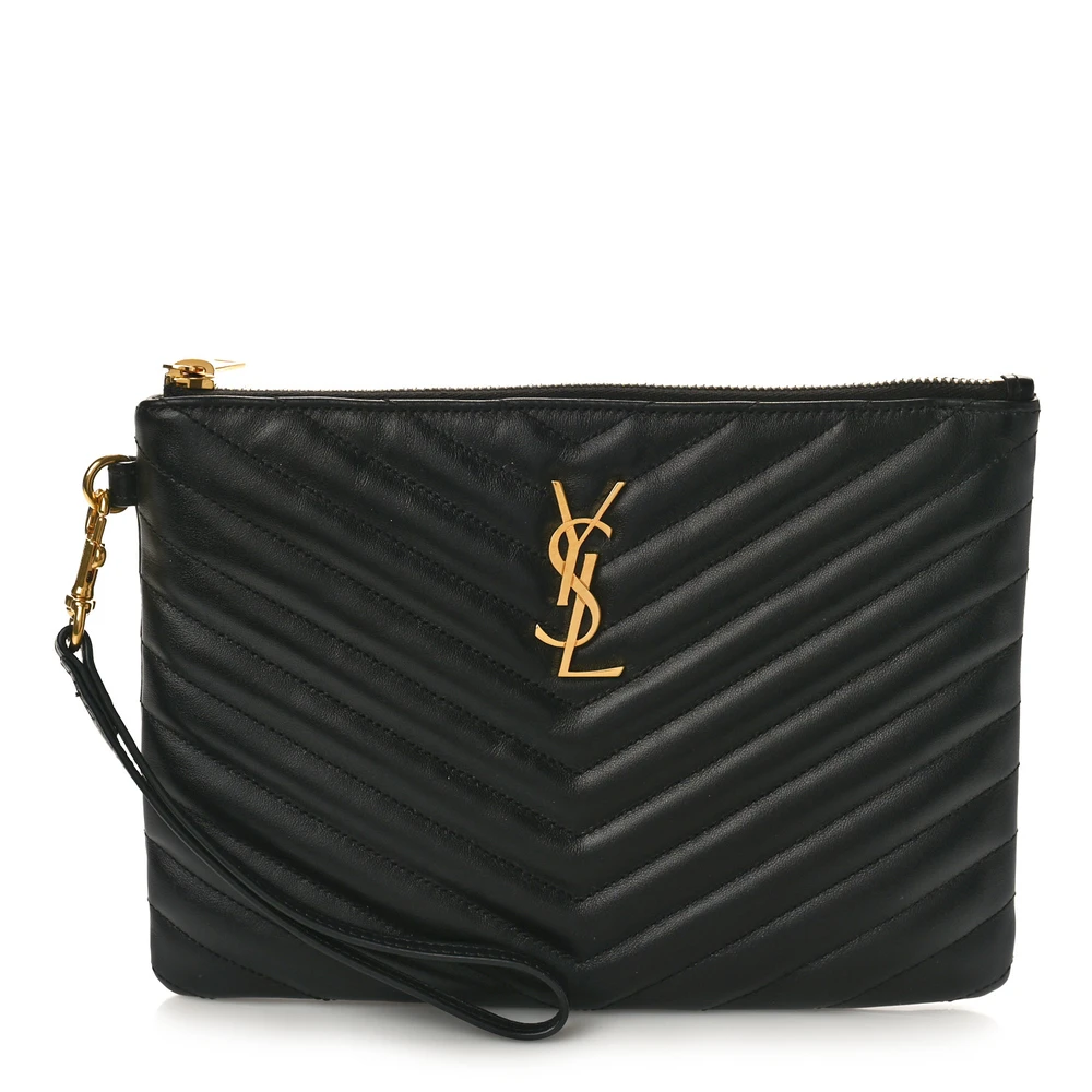 Saint Laurent Medium A5 Wristlet Black Chevron Monogram Calfskin Matelasse Leather Gold Hardware