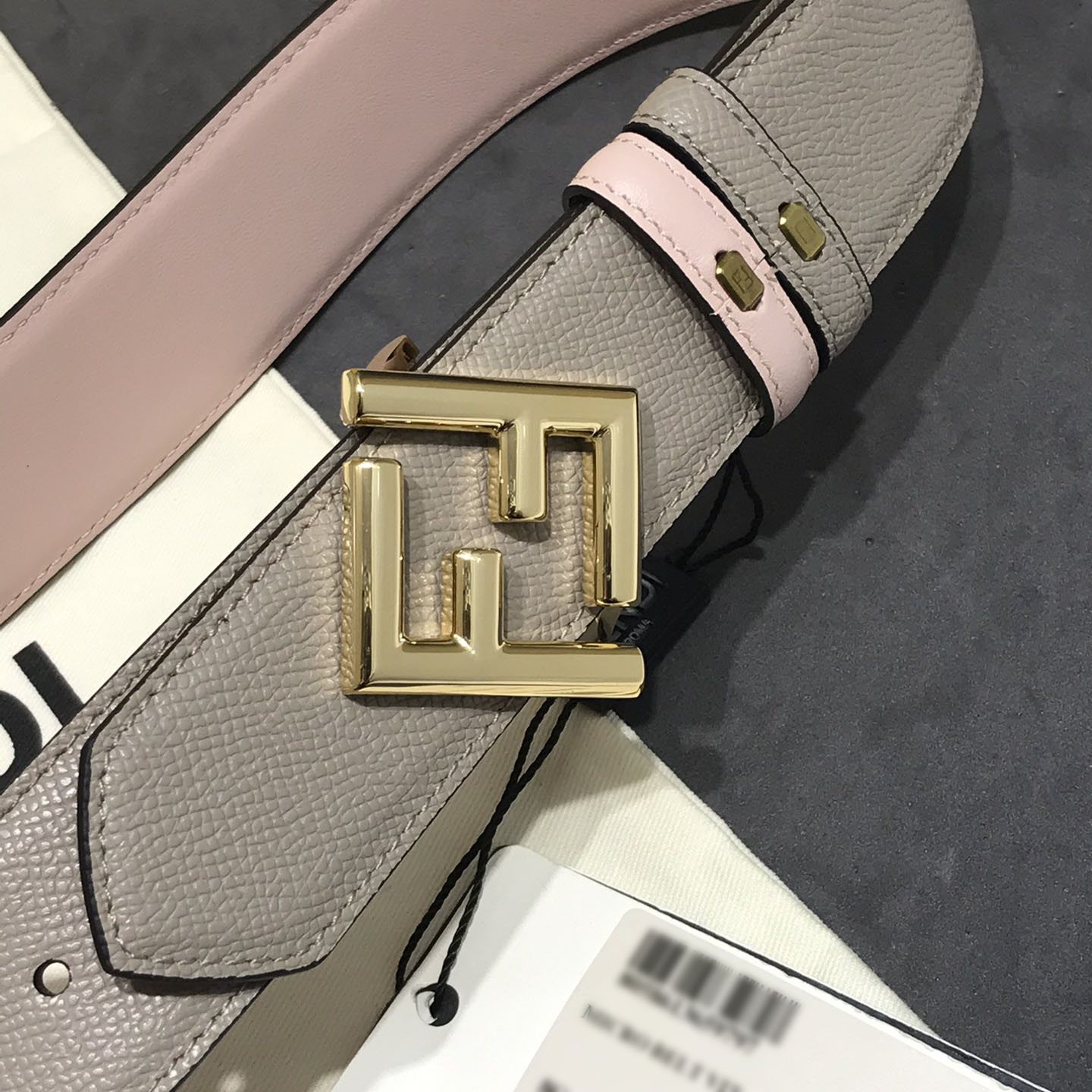 Fendi Women's FF Diamonds Reversible Belt In Beige/Pink Calfskin With Gold Hardware 38mm