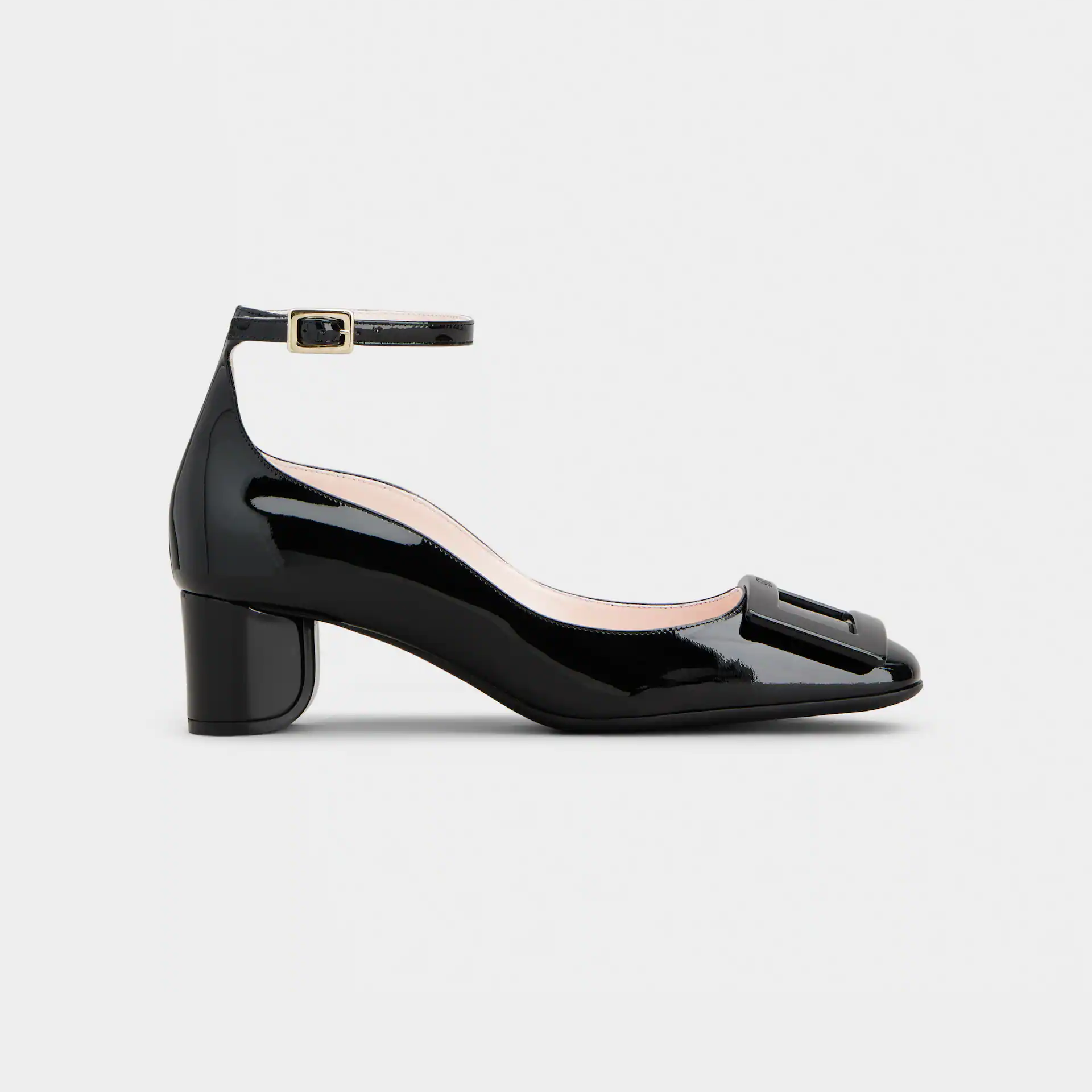 Roger Vivier Ankle Strap U Look Pumps High Heels In Black Patent Leather With Lacquered Metal Buckle (Heel Height 4.5cm)