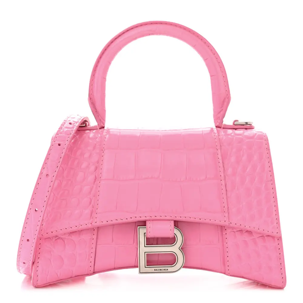 Balenciaga XS Hourglass Top Handle Bag Baby Pink Crocodile Embossed Shiny Calfskin Leather Silver Hardware