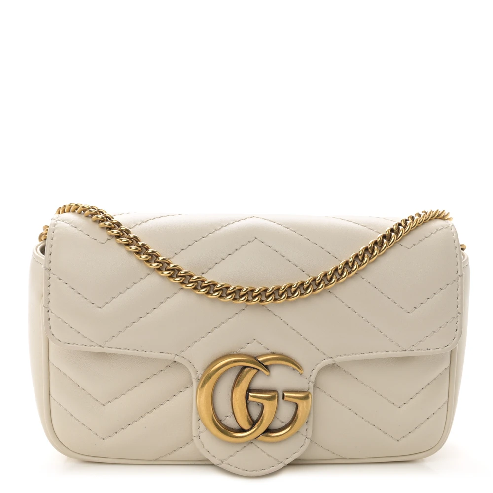 Gucci Mini GG Marmont Shoulder Bag White Calfskin Matelassé Super Leather Aged Gold Hardware