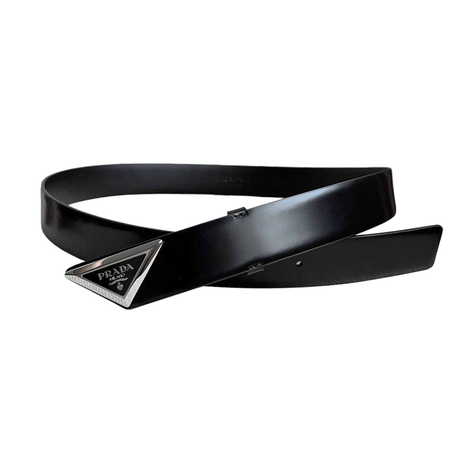 Prada Men' s Triangled Buckle Belt In Black Smooth Calfskin With Silver Hardware 33mm