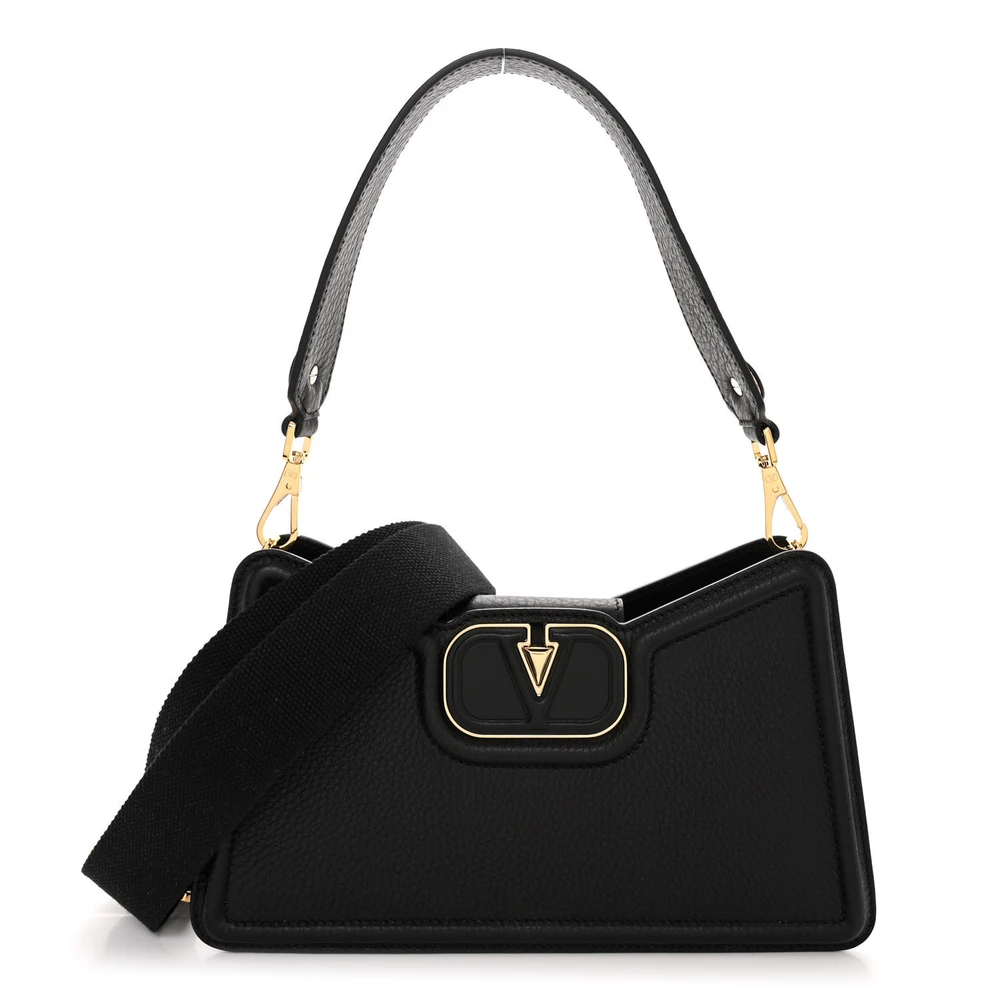 Valentino Garavani Medium VLogo Signature Shoulder Bag Black Grainy Calfskin Leather Gold Hardware