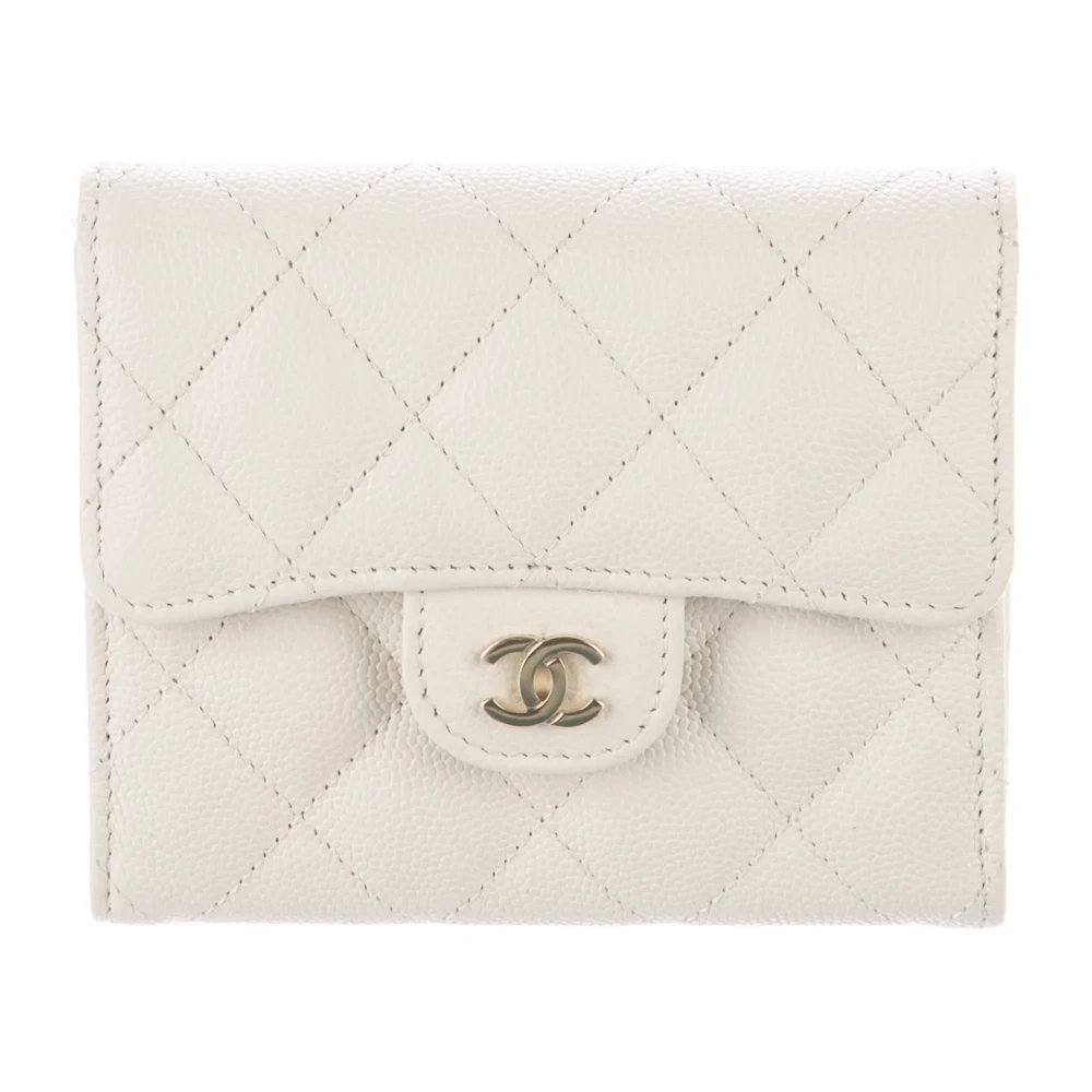 Chanel Small Compact Wallet White Quilted Leather Gold Hardware
