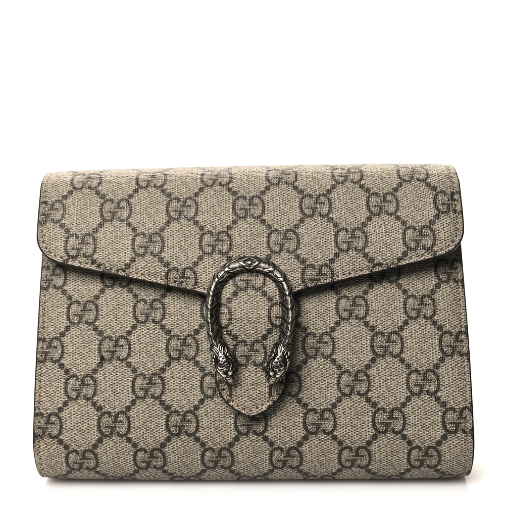 Gucci Small Dionysus Clutch Taupe GG Supreme Monogram Canvas Aged Silver Hardware