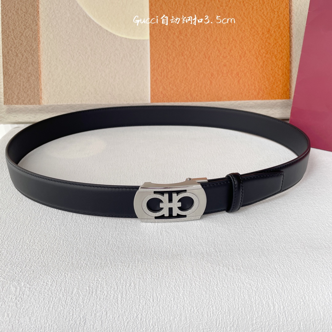 Ferragamo Men's Rectangled Double Gancini Buckle Belt In Black Calfskin With Gold/Silver Hardware 35mm