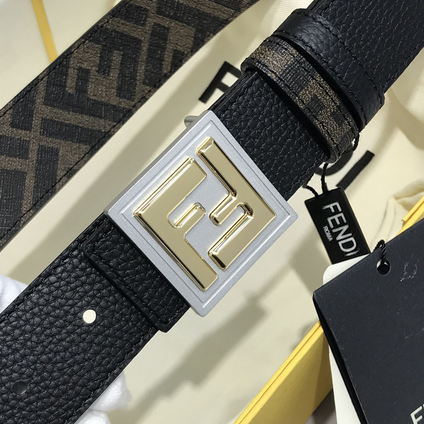 Fendi Men's Square Buckle Belt In Black/Brown Grained Calfskin And Monogram Canvas With Gold/Silver Hardware 35mm