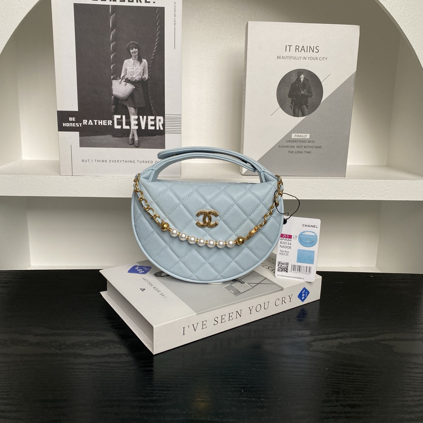 Chanel Pearl Handle hula hoop handbag Blue/purple/pink/white/black granular cowhide crossbody bag