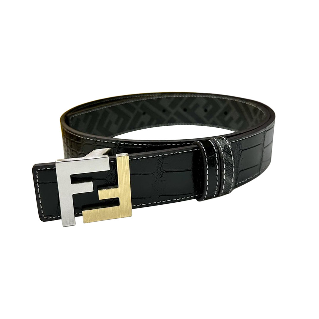 Fendi Men's Squared FF Buckle Belt In Black Crocodile-Embossed Calfskin And Monogram Canvas With Gold/Silver/Gun Black Hardware 40mm