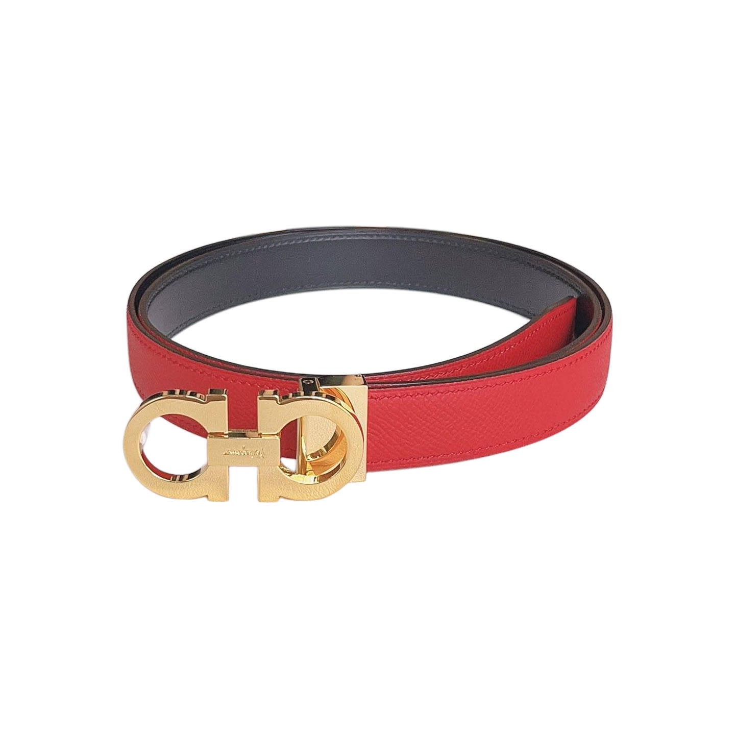 Ferragamo Women's Double Gancini Reversible Belt In Red/Grey/Orange/Brown/Black Epsom Leather With Gold/Silver Hardware 25mm